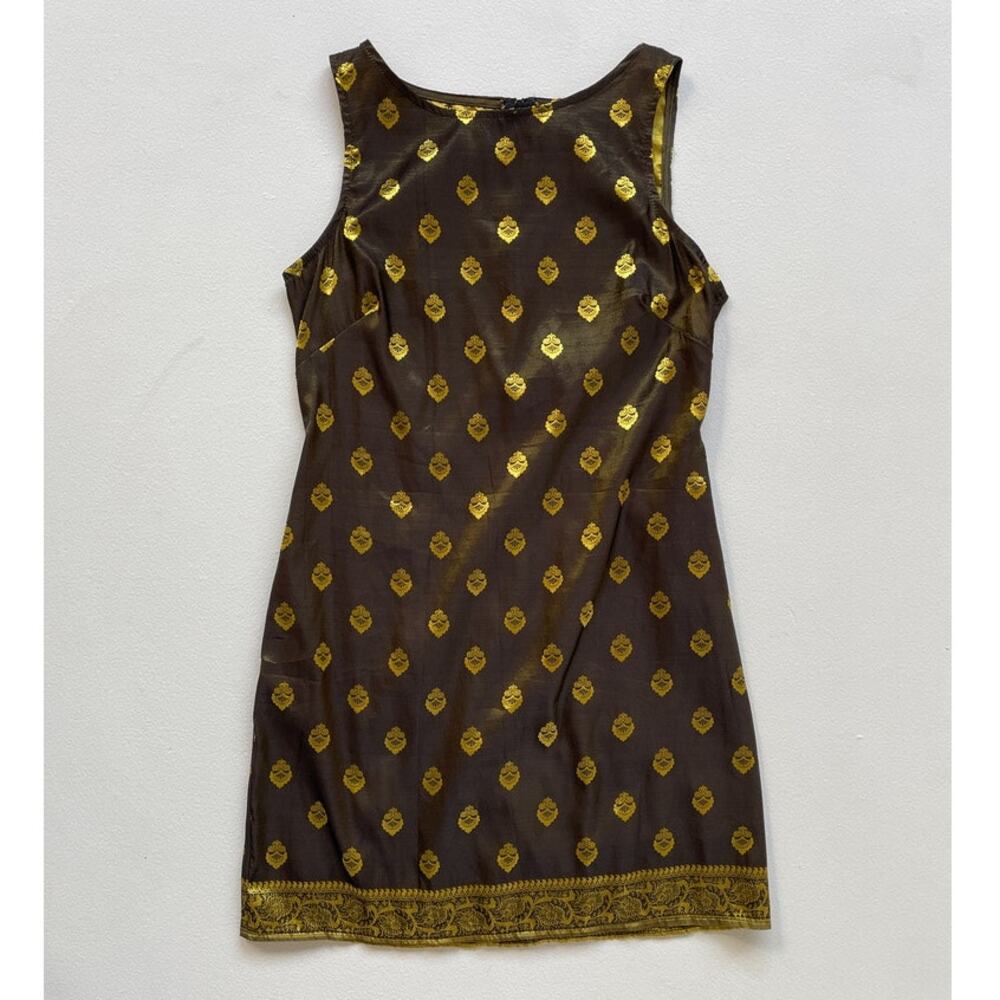 Vtg 90s Gold Satin Sleeveless Saree Sheath Dress · S/M · Zari Floral · Boho Chic